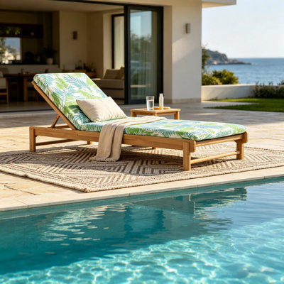 Chaise longue en bois d'acacia, dossier réglable à 3 positions, coussin résistant à l'eau pour le patio près de la piscine