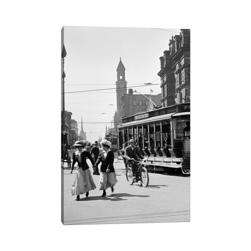 1900s-1910s-1912 Street Scene Pedestrians And Streetcar Detroit Michigan USA - Wrapped Canvas Print, 20.32 cm H x 30.48 cm W