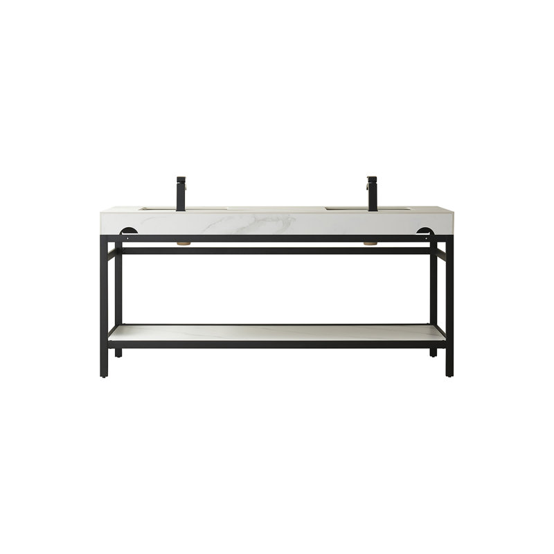 Funes 72'' Double Bathroom Vanity with Stone Top, Snow Mountain White, Matte Black, Matte Black