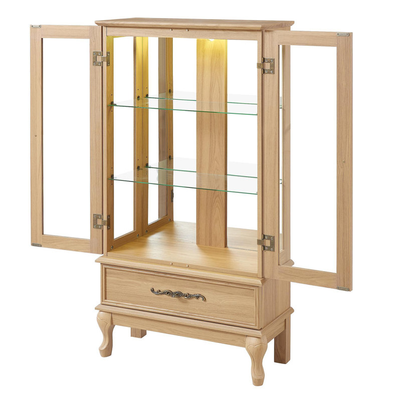 Lighted Curio Cabinet - Elegant Glass Display Cabinet With Adjustable Shelves, 2 Doors, And 1 Drawer - Wine Storage Sideboard With Included Bulb - Light Oak Finish