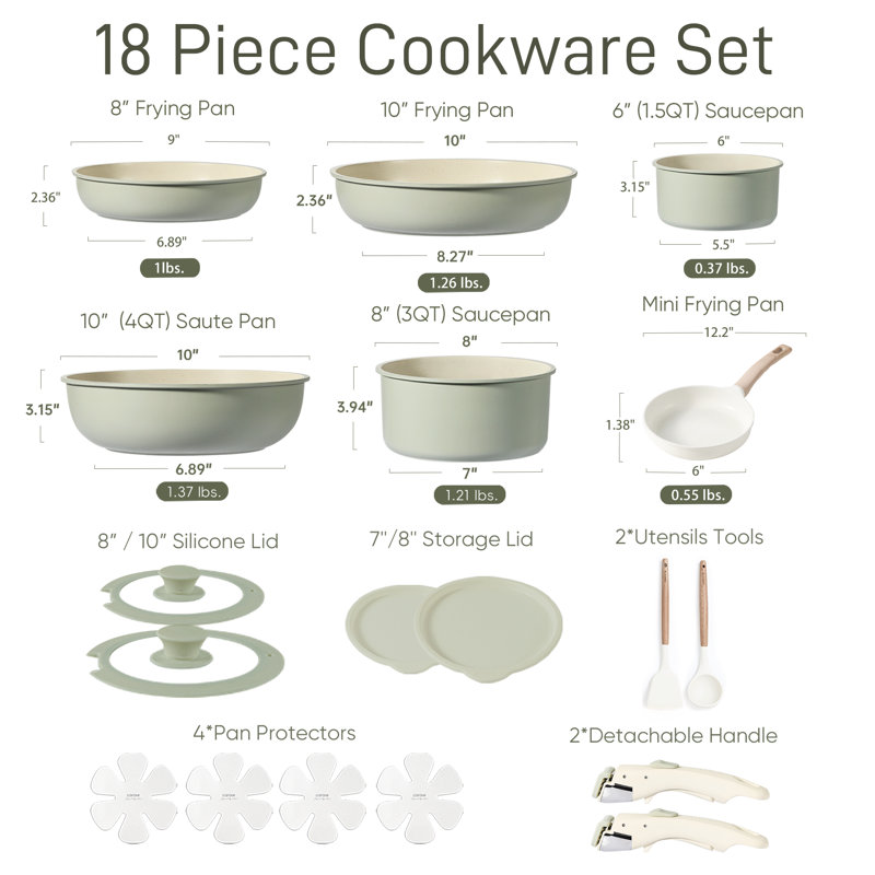 CAROTE 18-Piece Nonstick Cookware Set with Detachable Handle, Green