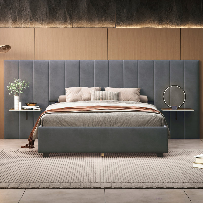 Grand lit plateforme tapissier avec grande tête de lit, meubles de chambre à coucher, velours (lit), Gris