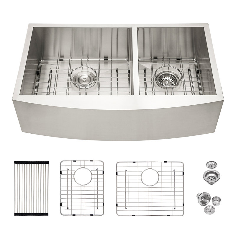 Évier de cuisine double à double cuve - Évier de cuisine en acier inoxydable 33 po x 20 po à tablier frontal encastrable à double cuve de calibre 16 avec deux cuves profondes de 9 po