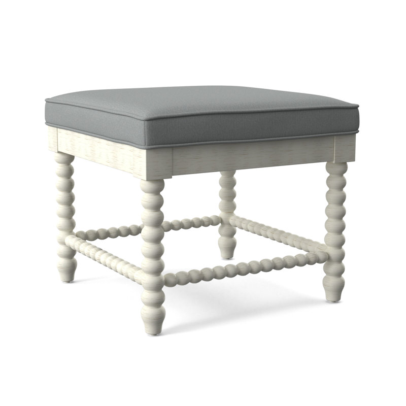 Lind Island Upholstered Bench, Antique Frost White Finish, Light Blue Performance Fabric