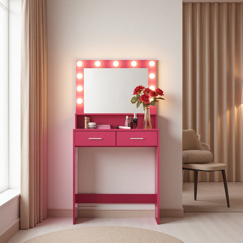 Bureau de coiffeuse avec miroir et lumières, coiffeuse avec grand tiroir, commode de rangement à 2 niveaux et 3 modes d'éclairage à luminosité réglable, convient à la chambre à coucher