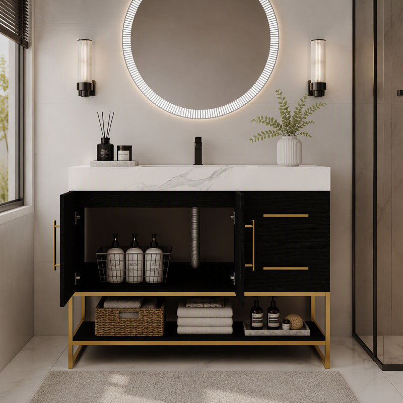 Meuble-lavabo autoportant moderne 36 po avec lavabo en céramique sans couture et plateau en pierre frittée