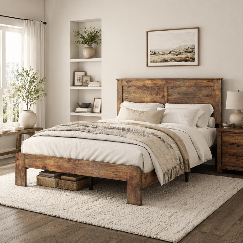 Base de lit, structure de lit plateforme en bois massif industriel, support de lattes en bois silencieux, grand espace de rangement sous le lit, aucun sommier requis, assemblage facile, base de lit robuste pour la chambre à coucher (sans matelas)