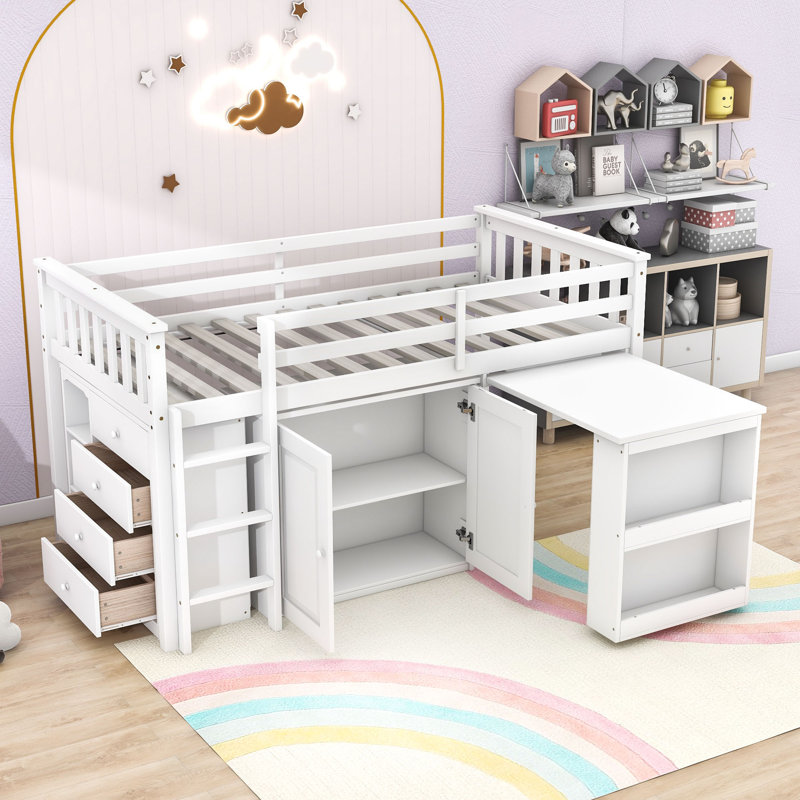 Lit mezzanine simple avec armoire, tiroir, tablette et bureau, Blanc
