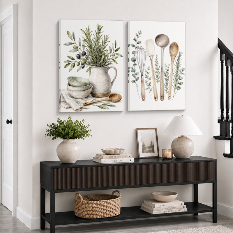 «Farmhouse Kitchen Herb and Utensil Artwork», images de cuisine, impression sur toile encadrée, 2 pièces, Wrapped Canvas