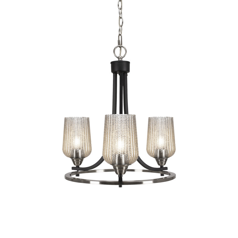 Lustre 3 lumières avec verre texturé argenté 5 "Paramount, Noir mat/nickel brossé