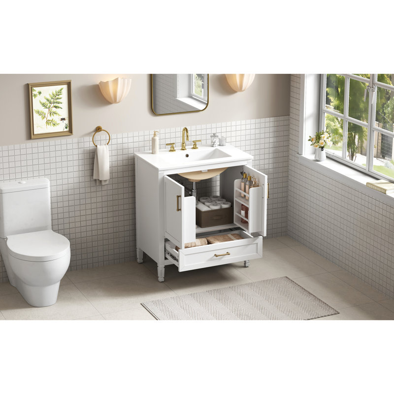 Meuble-lavabo cannelé élégant 30 po avec lavabo en céramique, boîte simple, pieds en bois massif, portes et tiroir à fermeture en douceur, tablette de porte, blanc, meubles-lavabos, meubles-lavabos
