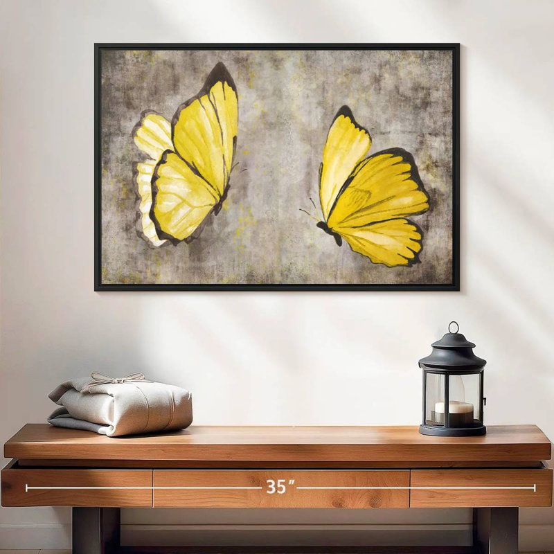 Papillons jaunes, 25 po x 17 po, Cadre flottant noir