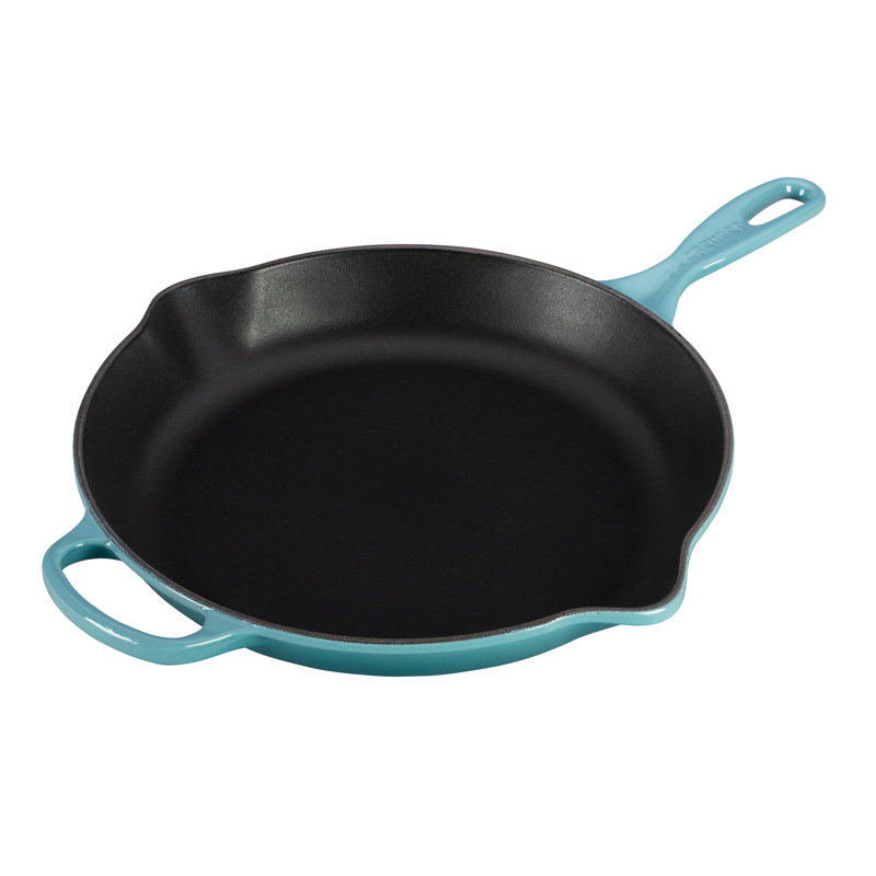 Caribbean Blue Enameled Cast Iron Skillet with Helper Handle