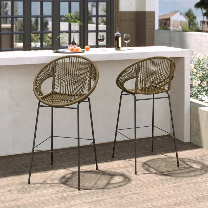 Set Of 2 Outdoor Patio Barstool, Green Faux PE Wicker, Green