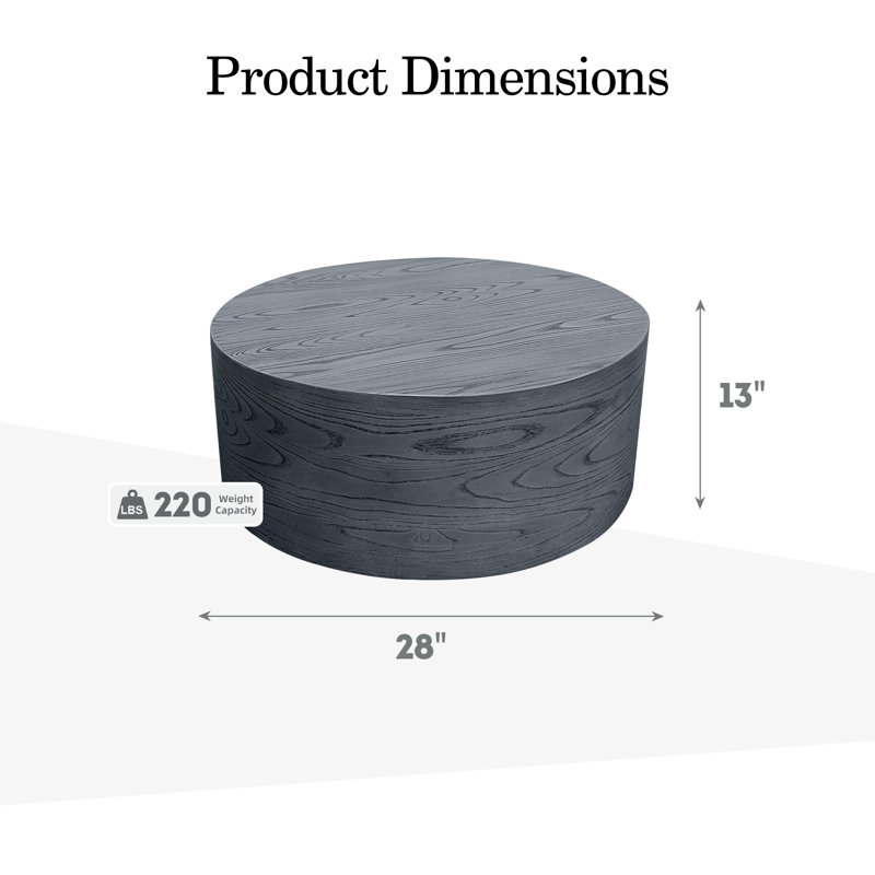 28'' Magnesium Oxide Outdoor Coffee Table with Wood-Look Textured Surface, Round, Dark Gray, Gray
