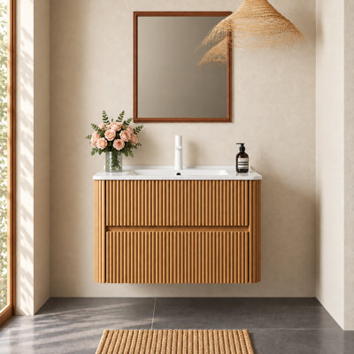 Meuble-lavabo de 76 cm avec lavabo, armoire de rangement murale flottante en contreplaqué rayé avec 2 tiroirs, lavabo rectangulaire en céramique blanche, sans robinetterie, préassemblée