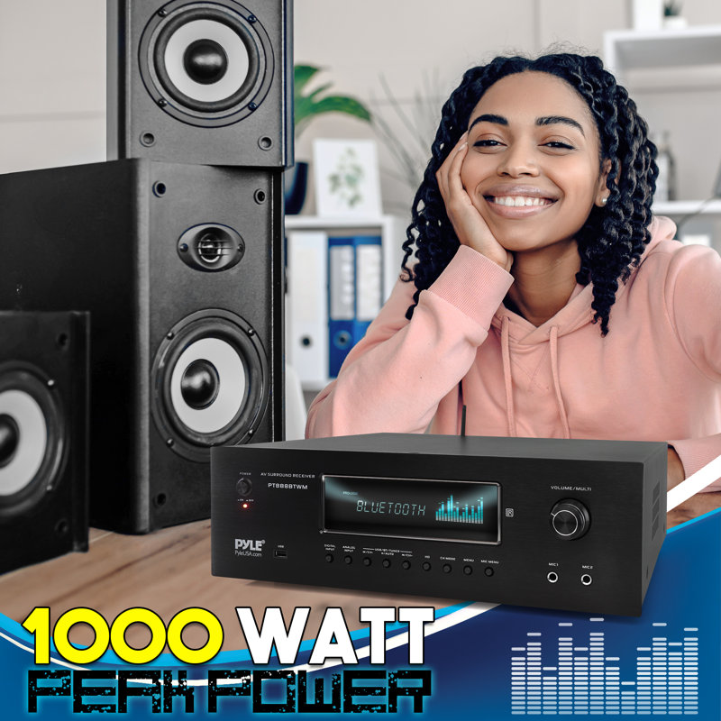 Pyle 1000W Bluetooth Home Theater Karaoke Receiver - 5.2-Ch Stereo Amplifier 2 Uhf Wireless Microphone Video Pass-Through Supports, Mp3/Usb/Hdmi/Am/Fm Radio - Pyle Pt888Btwm , Black