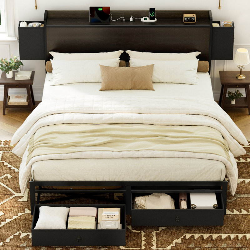 Alevtina Bed Frame with 2 Bedside Drawers & 2 Underbed Drawers, Storage Bed with Outlet & Open Shelf, Full