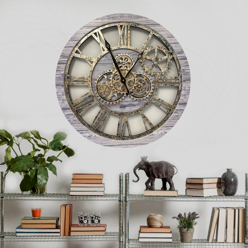 Wall Clock 24" Round Oversized for Living Room decor with Real Moving Gears America Collection, Silver Gray