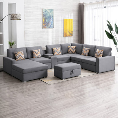 Modern Sofa 135" Linen Fabric 8Pc Reversible Chaise Sectional Sofa With Interchangeable Legs, Pillows, Storage Ottoman, And A USB