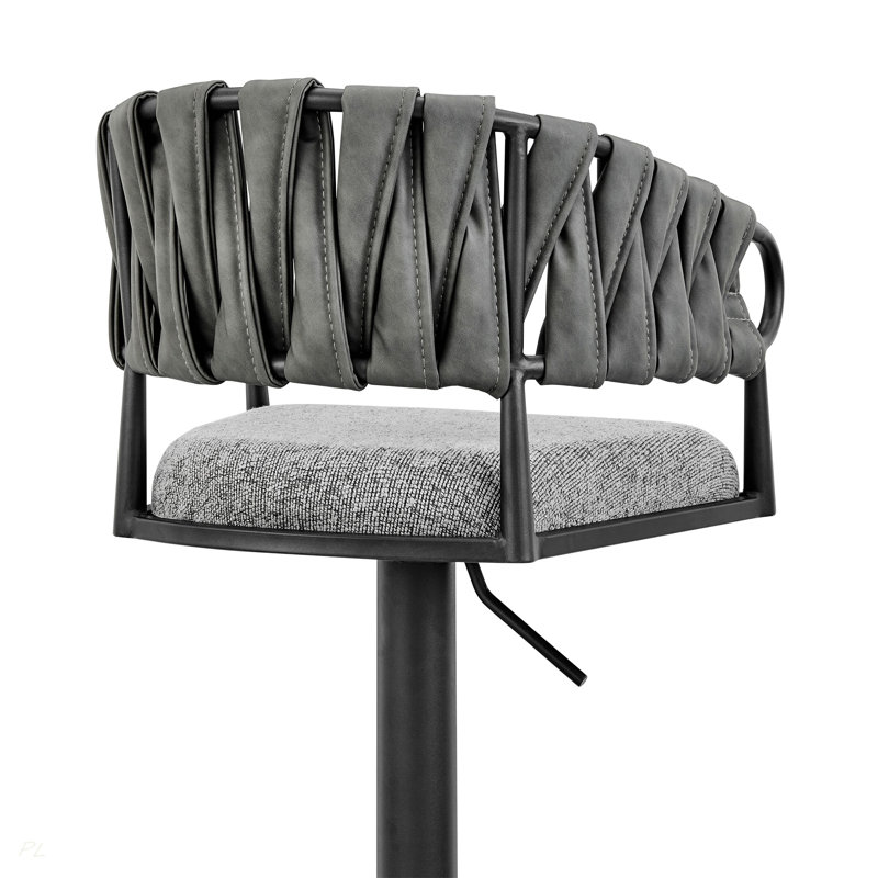 Tabouret de bar ou de bar pivotant réglable Blaise en métal noir avec tissu gris et similicuir