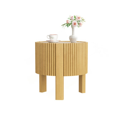 Round Fluted Side Table With Storage For Living Room, Rubber Solid Wood, Soft-Close Door, Natural, 19.6"