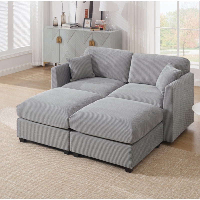 Goretti 66" Corduroy Sleeper Sofa Couch With Reversible Ottoman, Padded Seat, Gray Corduroy