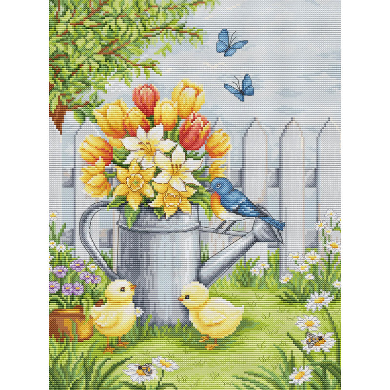 Kit de broderie au point de croix compté « Harmonie de Pâques » Fleurs de printemps et poussins de Luca-S BU5106L