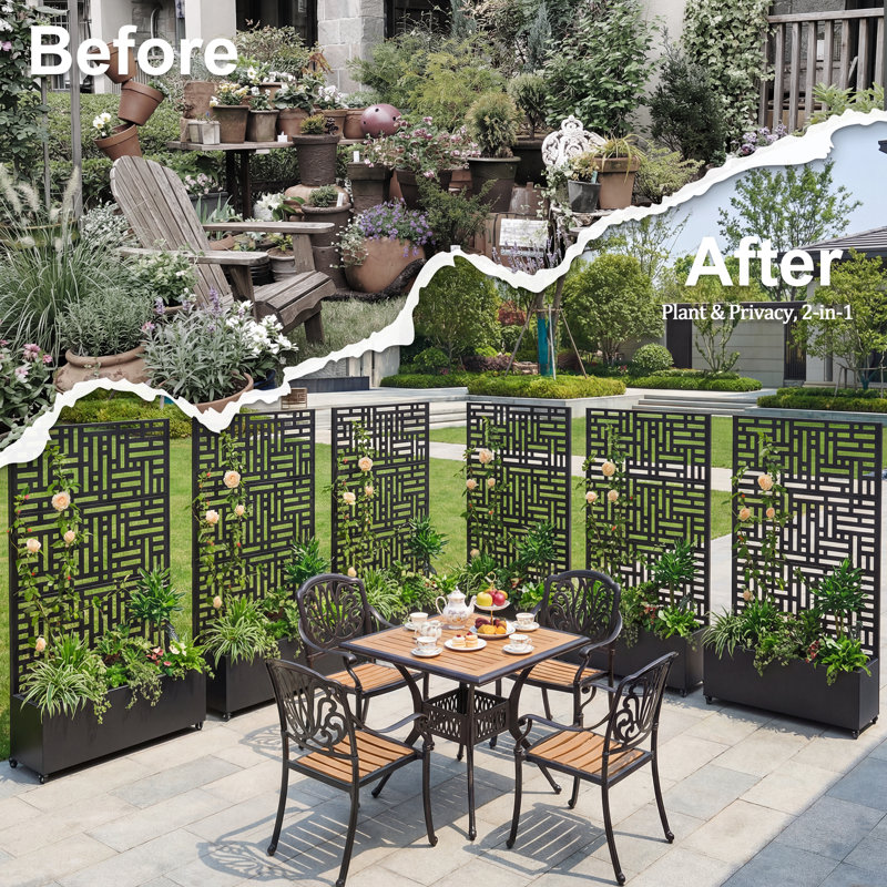 Outdoor Privacy Planter with Trellis – Metal Raised Garden Bed with Drainage Holes, Decorative Planter Wall Screen for Climbing Plants, Flowers & Vegetables, Modern Garden Divider for Patio, Balcony & Backyard