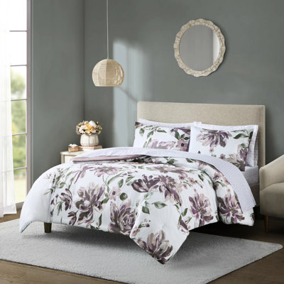 Ensemble de literie King Bed In A Bag, couette et draps à motif floral mauve, compatible avec matelas jusqu'à 40 cm d'épaisseur, draps, imprimé taupe, microfibre douce, linge de lit