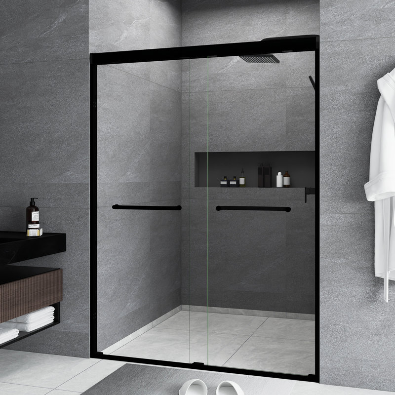 50-54 " W X 72" H Aluminum Frame Double Sliding Shower Door | 1/4 Inch Tempered Glass With Explosion Proof Film | Stainless Steel Handle | Matte Black