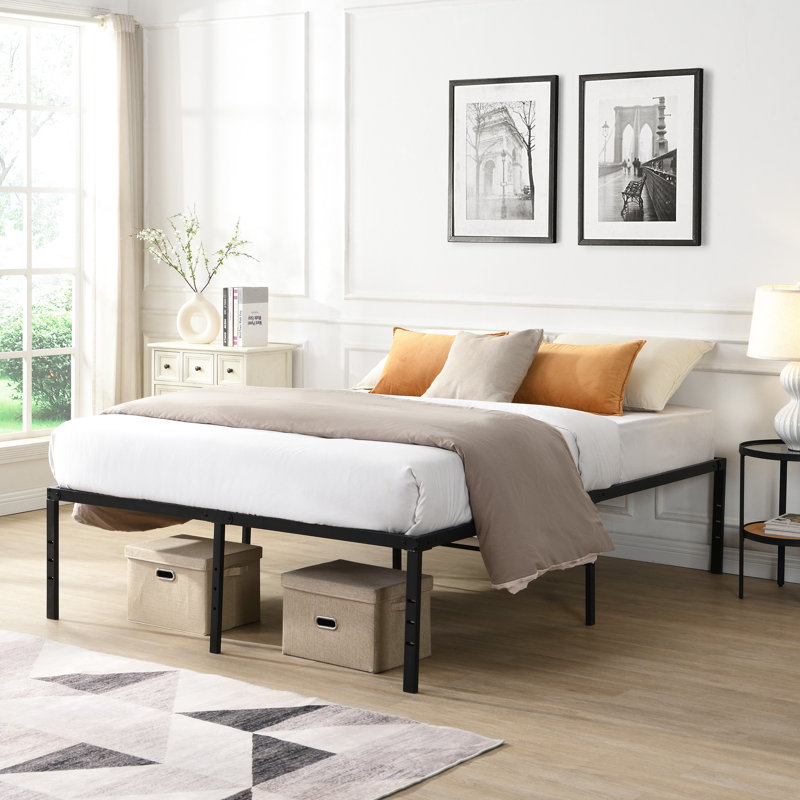 Black Heavy Duty Queen Size Metal Bed Frame, Simple And Quick Setup, Silent Noise - , 1000 Pound Capacity, Steel Slats For Mattress, Under Storage Area, Leg Holes Connection Color, Fast Assembly, No