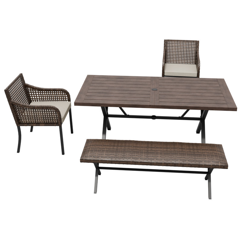 4 Pieces Rectangular Patio Wicker Dining Sets with Rectangular Table & Bench