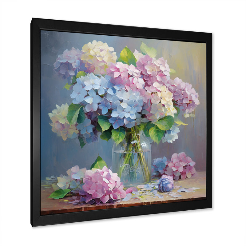 Nature morte vase hortensia bouquet pastel doux I - impressions sur toile hortensia, H 30 po x l 30 po x P 1 po