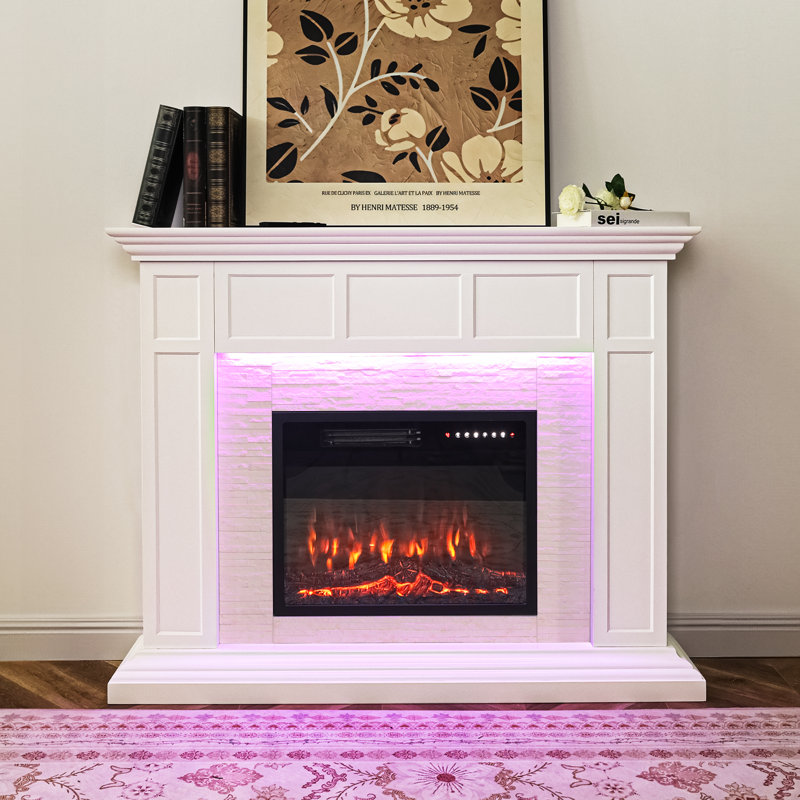 50" Electric Fireplace with Mantel, Freestanding TV Stand , White/Oak