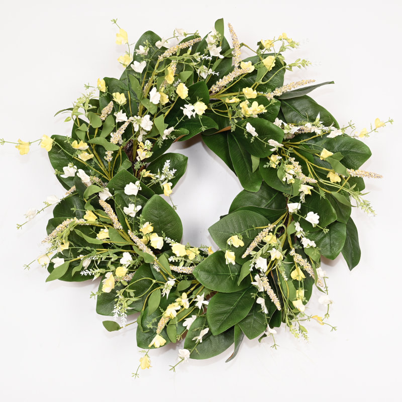 Couronne de 22 po Magnolia artificielle avec couronne de fleurs, verdure, feuillage, baies, printemps et été, Jaune