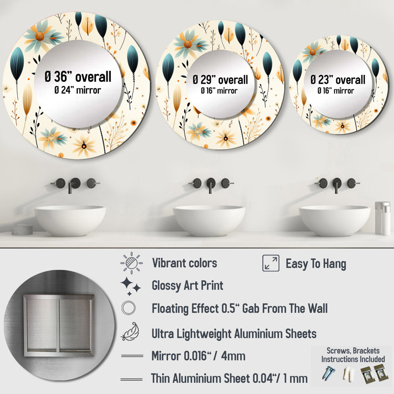 Décoration murale Earthy Elegance Motif Boho - Miroir rond floral_MTMIR123719, 29 po x 29 po