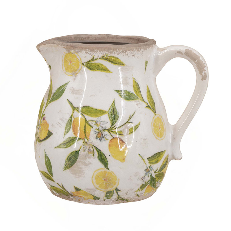 Ceramic Pitcher Vase With Yellow Lemon Motif, Yellow/Green, 6.1" H x 6.3" W x 5.1" D
