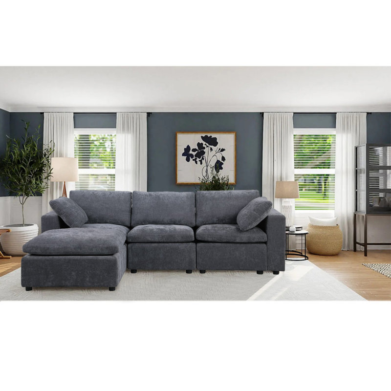 Modern Module L-Shaped Sectional Sofa With Ottoman,4-Seat Sofa,Customizable Modular Couch, Chenille, Beige Chenille