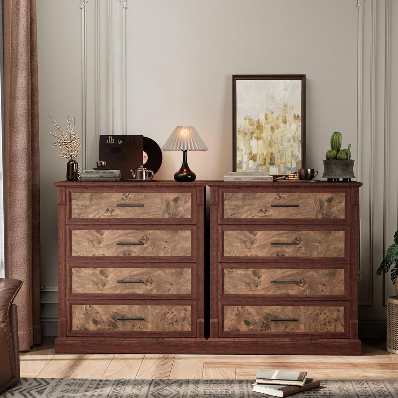 Farmhouse 4-Drawer Tall Dresser for Bedroom, Rustic Wooden Storage Cabinet with Metal Handles, Brown
