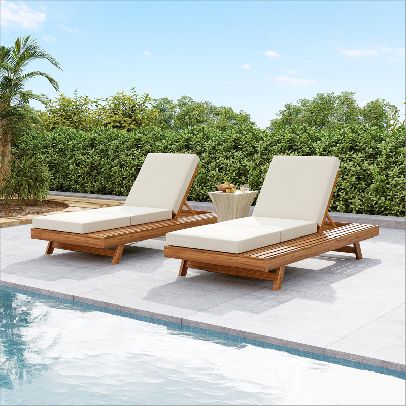 LOUNGE CHAISE SET, SPACE AVAILABLE ON ONE SIDE,ACACIA SOLID WOOD WITH LOUNGE CUSHION (CREAM & TRIPLE FOLD) - MATCHING DARK GREY VERSION AVAILABLE