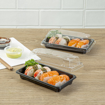 Restaurantware Plastic Sushi Trays 100 Pack of 6.1 x 3.5 x 1.77 Inch With Clear Lids Leak-Resistant Sushi Take Out Boxes Stackable Containers For Grab-And-Go