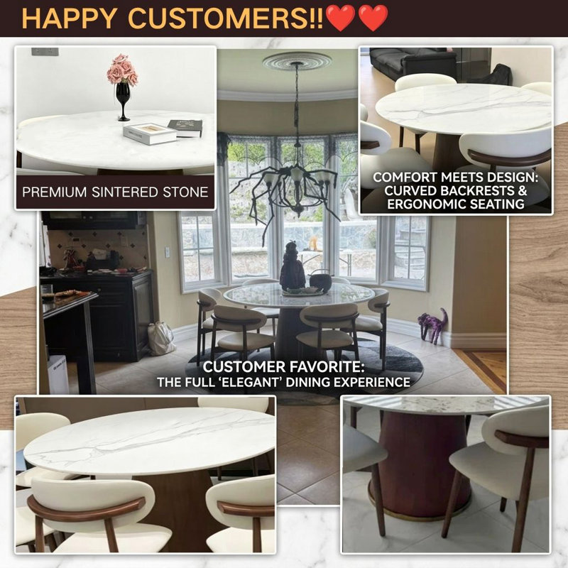 7 - Piece Round Stone Dining Table Set Solid Wood Pedestal (1 Table 6 Chairs), White, 29.52" H x 53.15" W x 53.15" D