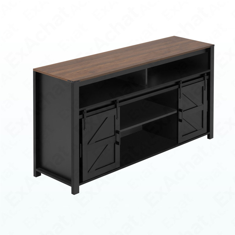 59.3'' Sideboard Buffet With Sliding Barn Door, Mesh Panels & Open Storage For Home & Office, Black