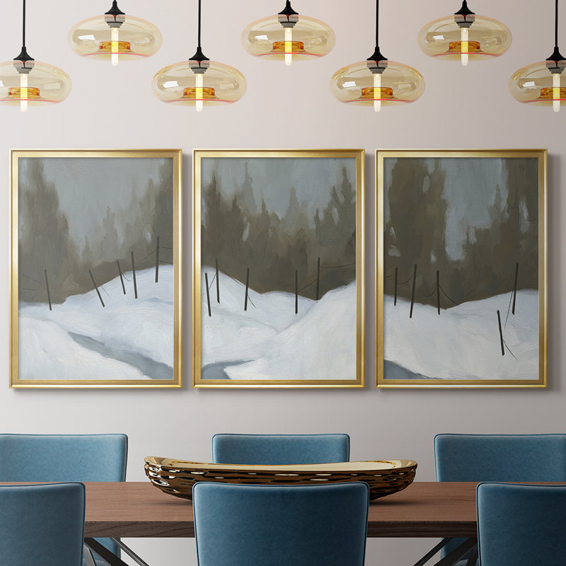 Deep Snow II - Toile tendue avec châssis sur mesure - 3 pièces, H 19 po x l 45 po, Doré