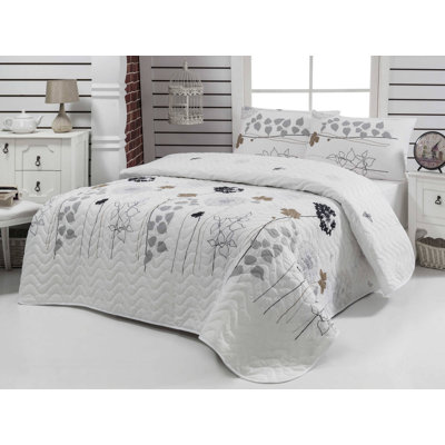 Ensemble de couvre-lit matelassé très luxueux, blanc et gris avec accents noirs et bruns | Housse 65% coton, 35% polyester | Rembourrage 100% fibres, lavable à la machine, 120 fils au pouce carré, comprend 2 taies d'oreiller