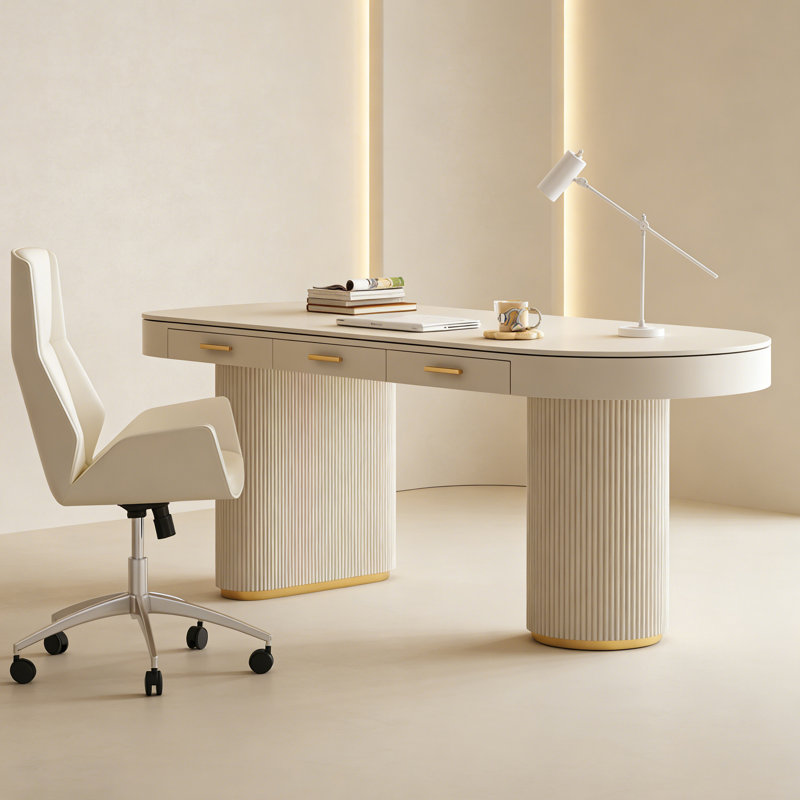 Cream Style White Sintered Stone Desk, Right, 29.53" H x 55.12" W x 27.56" D