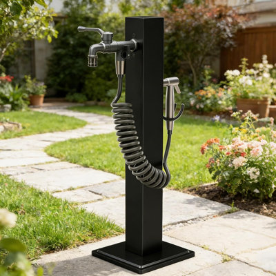 304 Stainless Steel Outdoor Vertical Square Garden Water Column, Freestanding Hose Stand with 2 in 1 Double Brass Faucet and Spray Gun, Black Yard Hydrant for Backyard and Irrigation（60）