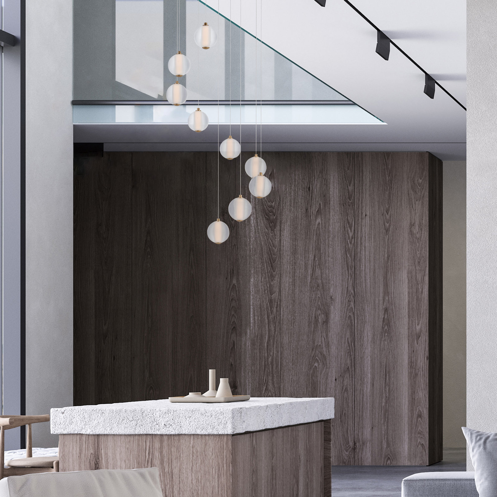 Alicano 9 Light Glass Steel Dimmable LED Pendant, Gold