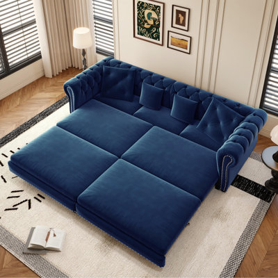 89" Velvet Chesterfield Sofa Bed, Pull-Out Sleeper Sofa, King-size Convertible Couch Bed for Living Room Apartment Office
